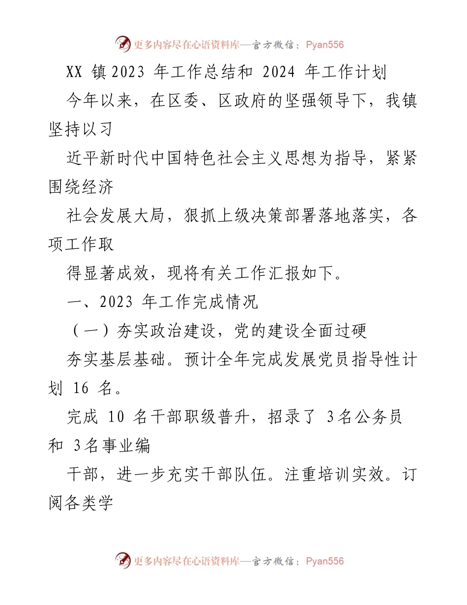 [工作总结] XX镇 - 2023年工作总结与2024年工作计划.docx_第1页