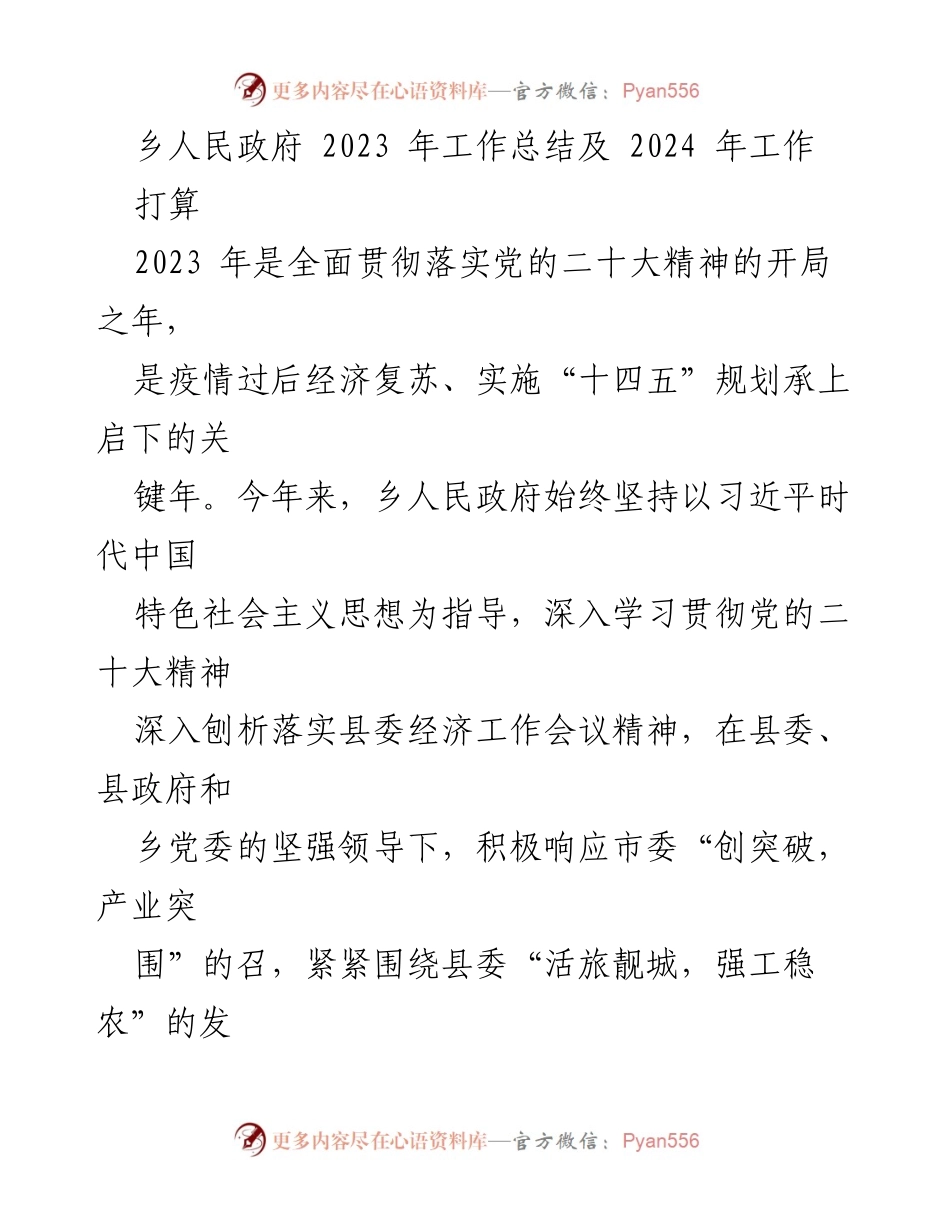 [工作总结] 乡人民政府 - 2023年工作总结及2024年工作打算_1.docx_第1页