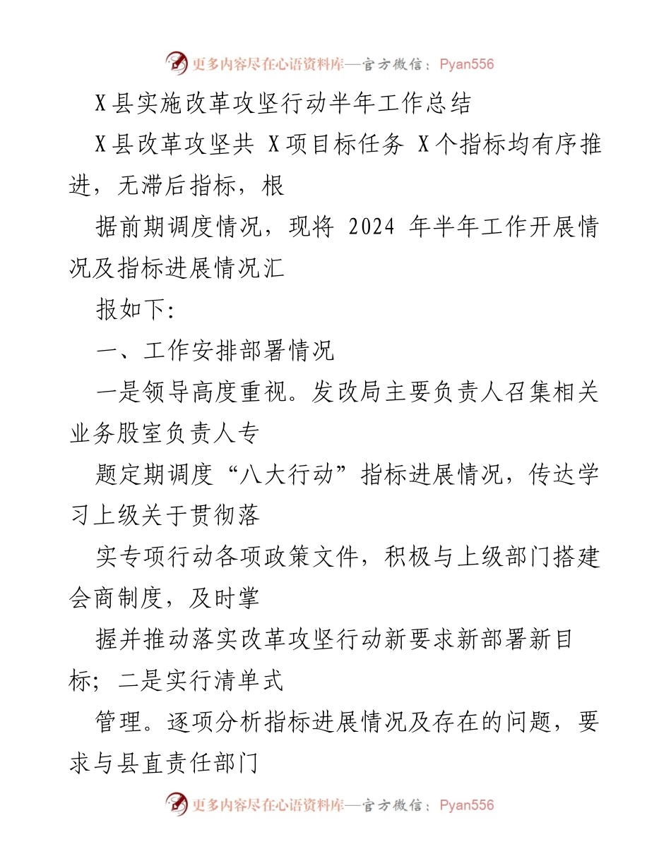 [工作总结] X县改革攻坚行动 - X县2024年改革攻坚行动半年工作总结.docx_第1页
