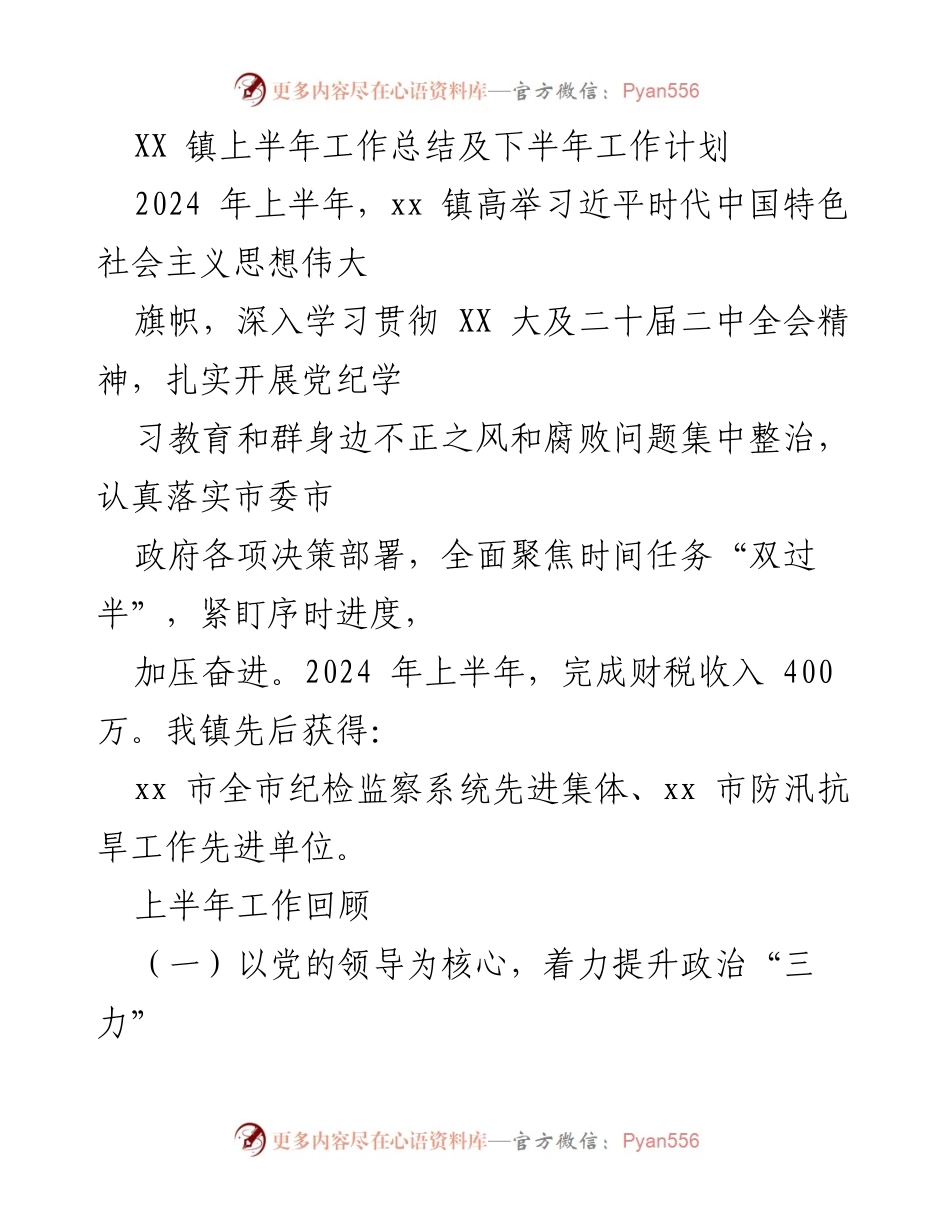 [工作总结] XX镇 - 2024年上半年工作总结与下半年计划.docx_第1页