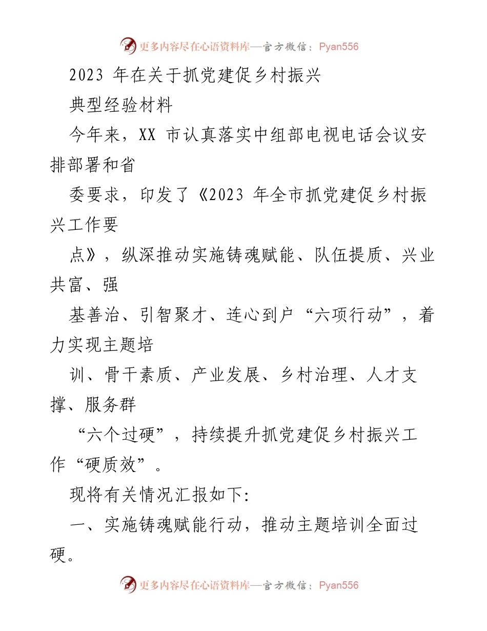 [工作总结] 乡村振兴 - 2023年抓党建促乡村振兴工作总结与经验分享.docx_第1页