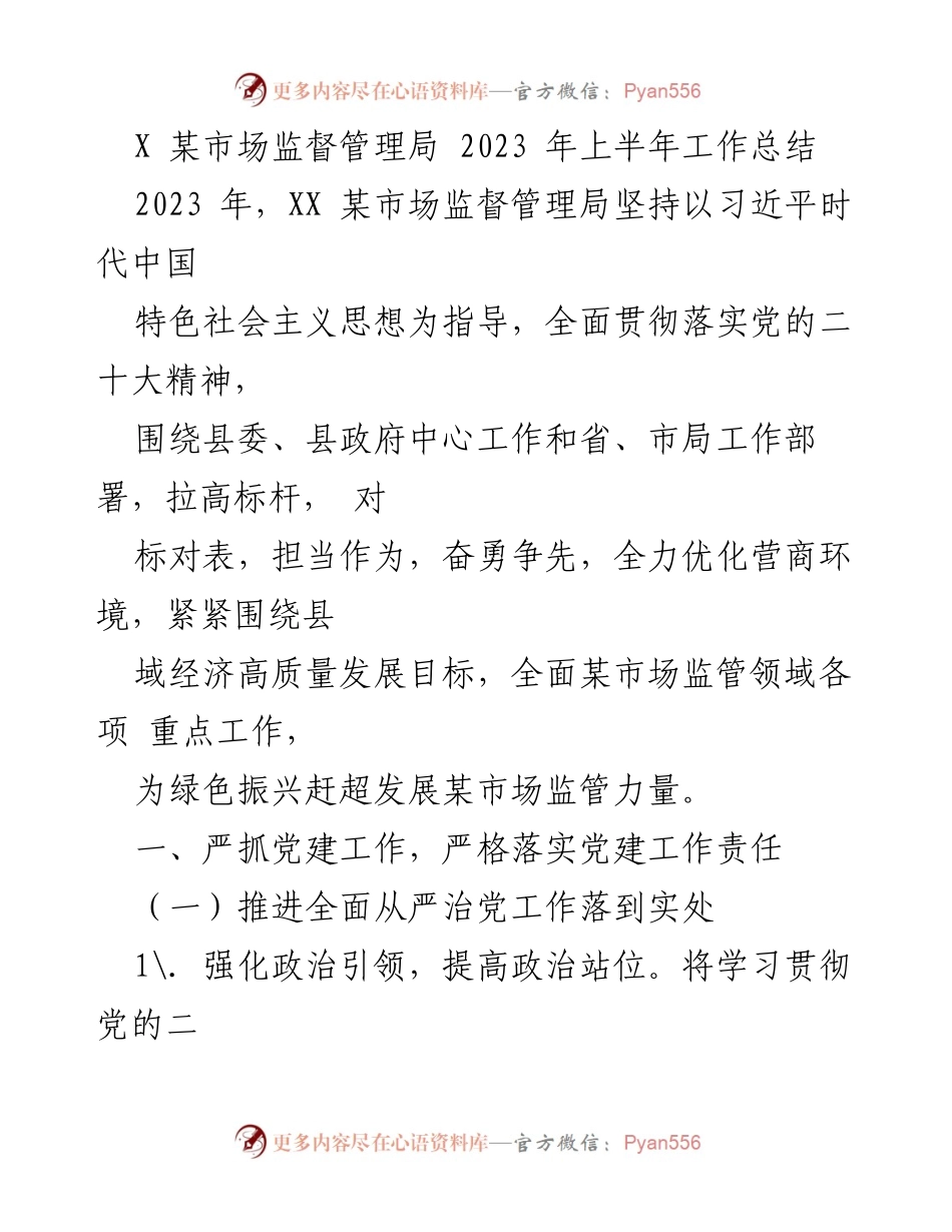 [工作总结] 上半年工作总结 - 2023年某市场监督管理局上半年工作总结与党建成效分析.docx_第1页