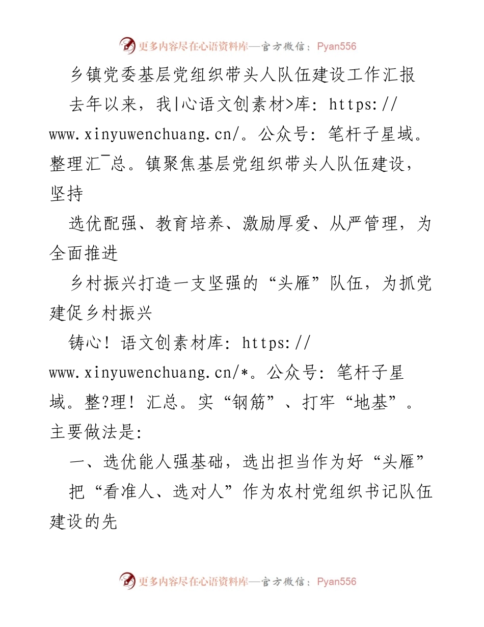 [工作总结] 乡镇党委 - 基层党组织带头人队伍建设工作汇报.docx_第1页