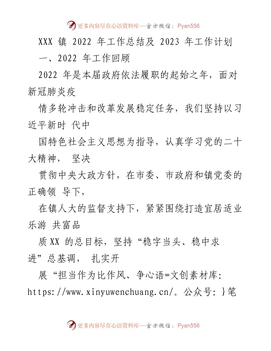 [工作总结] XXX 镇 - 2022 年工作总结与 2023 年工作计划.docx_第1页