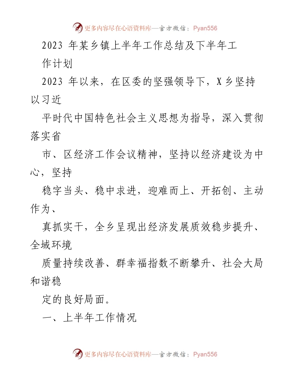 [工作总结] 乡镇工作 - 2023年某乡镇上半年工作总结与下半年工作计划.docx_第1页