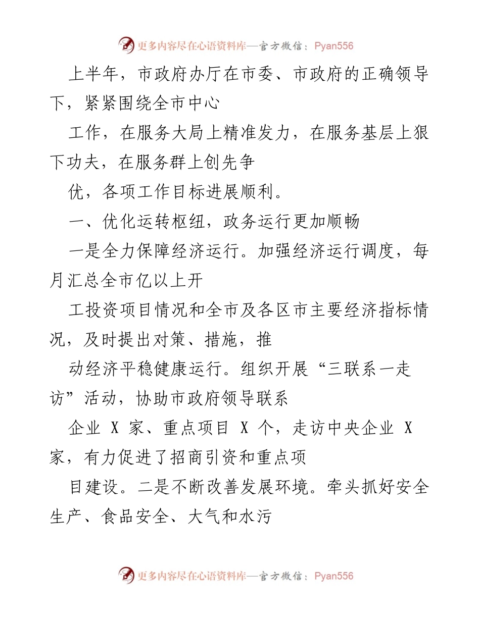 [工作总结] 上半年市政府办工作 - 市政府办上半年工作总结与成效报告.docx_第1页