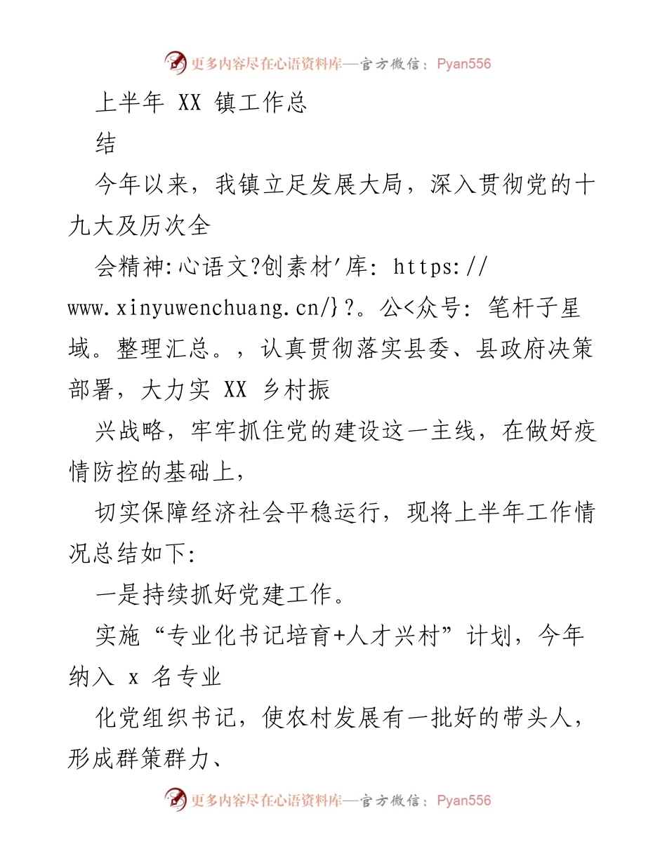 [工作总结] XX 镇 - 2023年上半年工作总结报告.docx_第1页