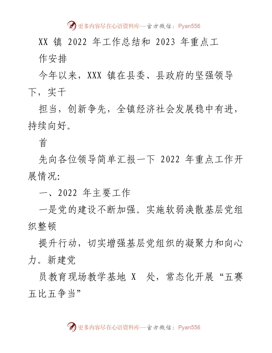 [工作总结] XX 镇 - 2022 年工作总结与 2023 年工作安排_1.docx_第1页