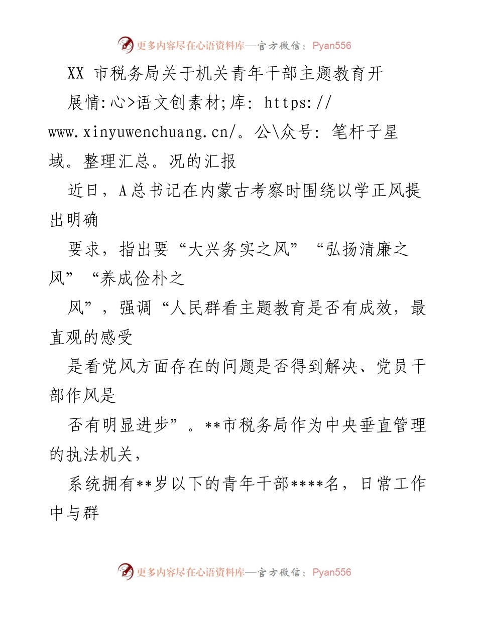 [工作总结] 主题教育 - XX市税务局青年干部主题教育开展情况汇报.docx_第1页