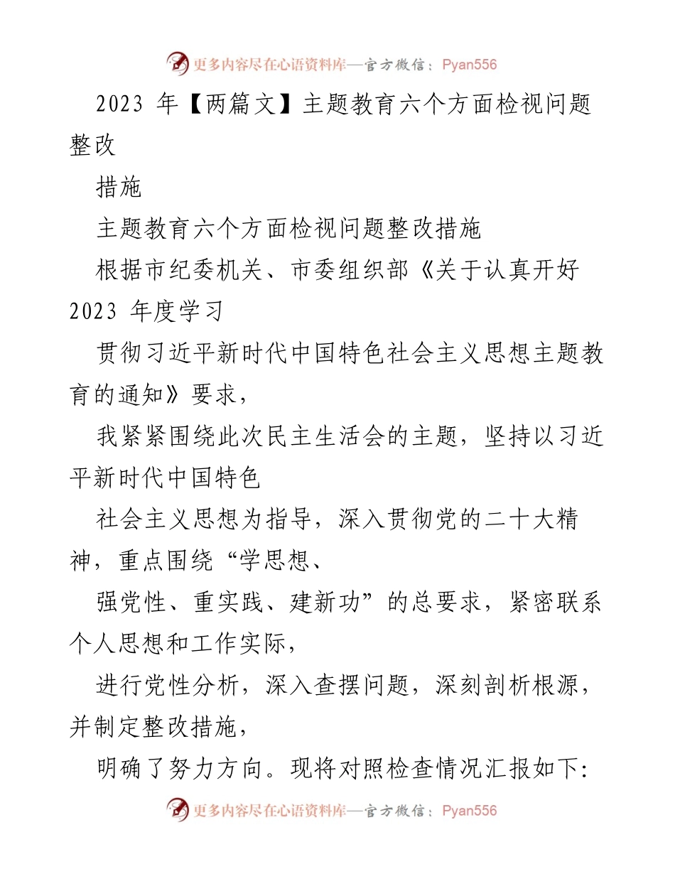 [工作总结] 主题教育民主生活会 - 2023年度主题教育问题整改措施汇报.docx_第1页