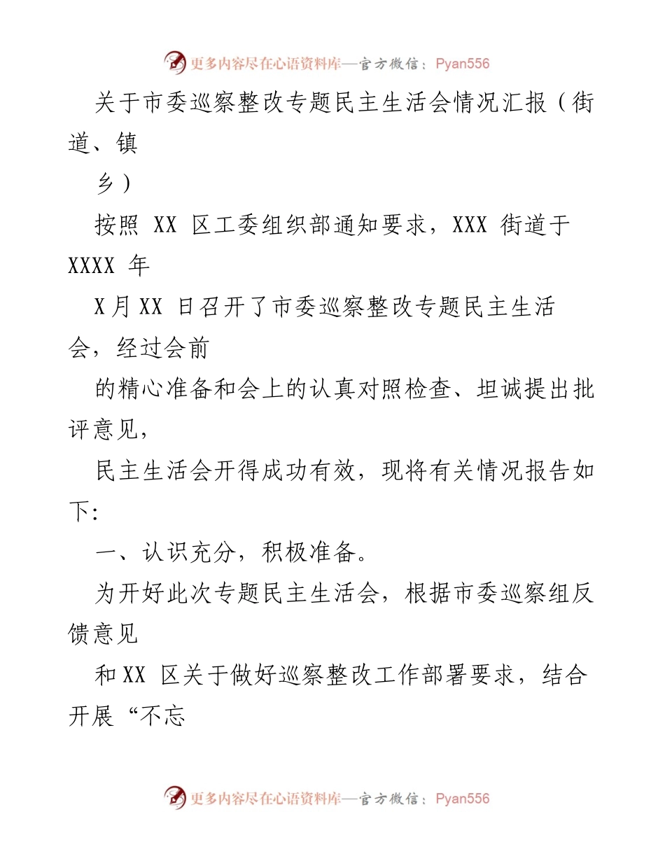 [工作总结] 专题民主生活会 - 市委巡察整改专题民主生活会情况汇报.docx_第1页