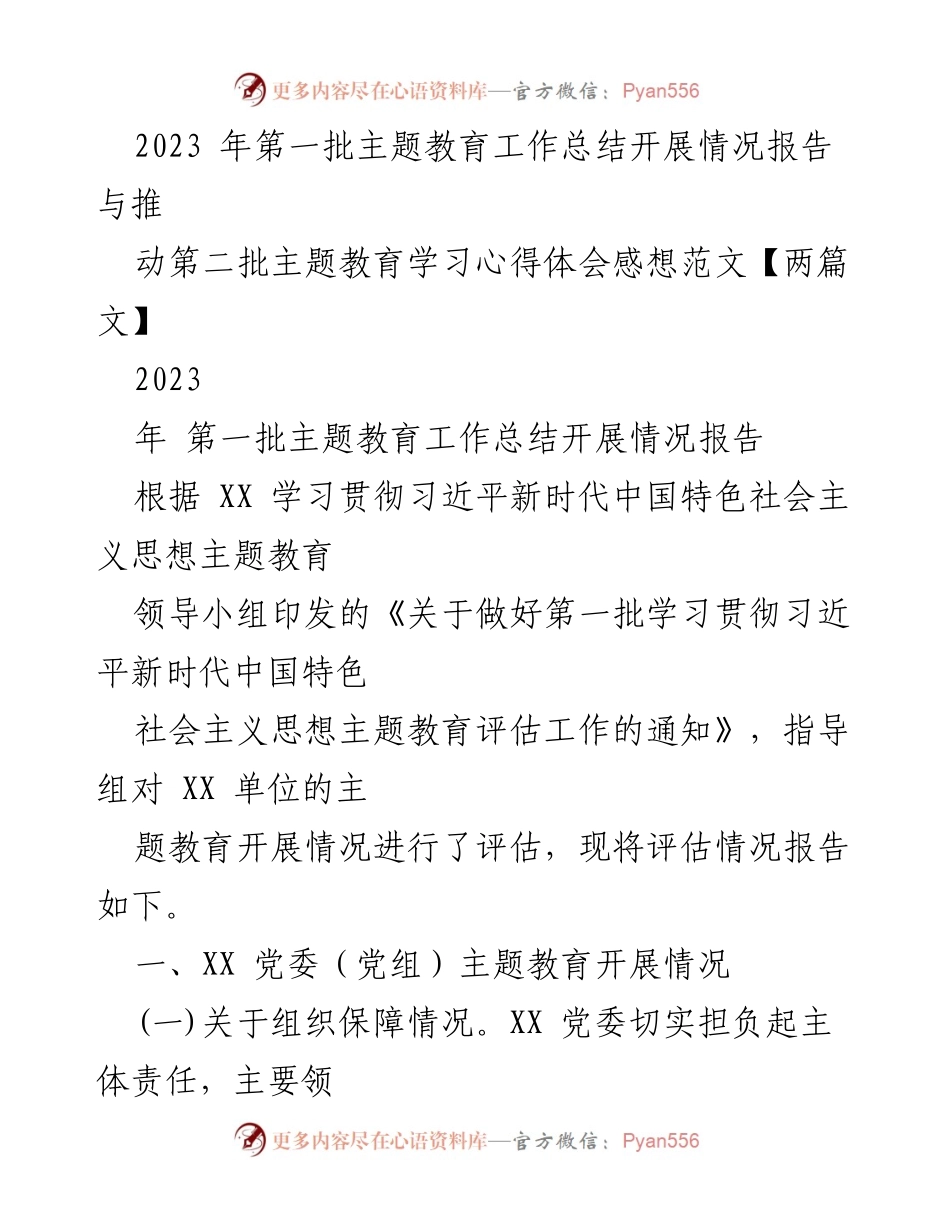 [工作总结] 主题教育 - 2023年第一批主题教育工作总结与第二批学习心得体会.docx_第1页