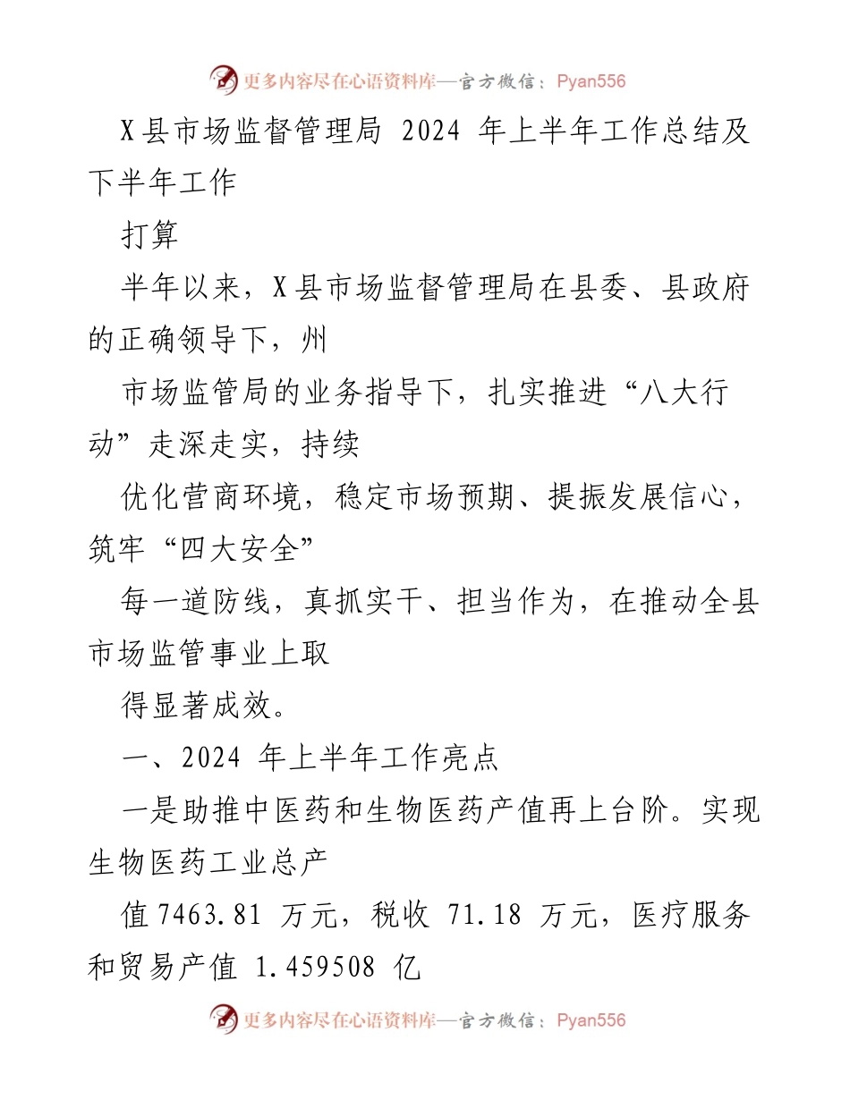[工作总结] 上半年工作总结 - X县市场监督管理局2024年上半年工作总结及下半年工作打算.docx_第1页
