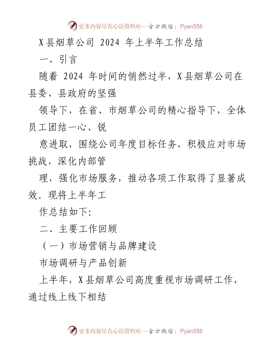 [工作总结] X县烟草公司 - 2024年上半年工作总结与成效分析.docx_第1页