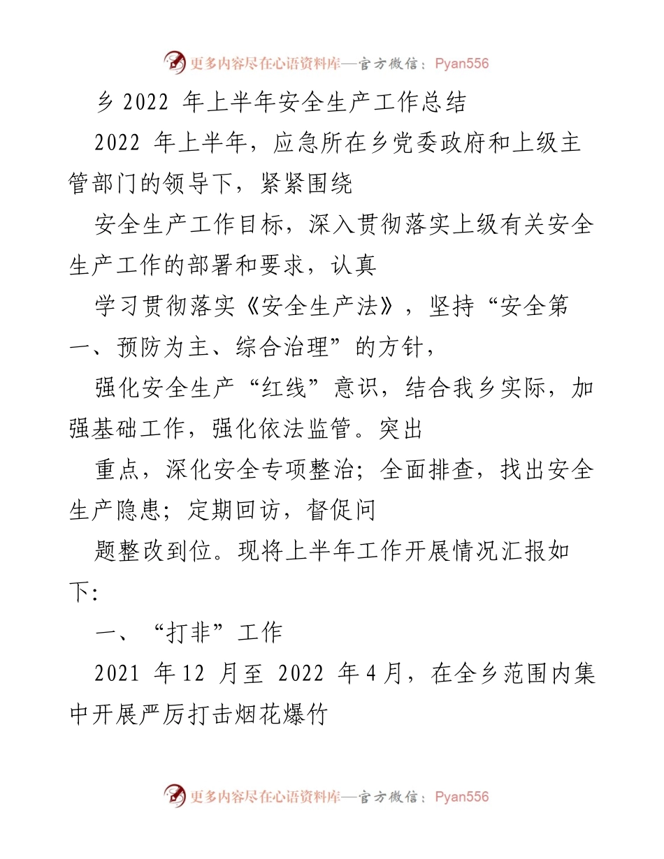 [工作总结] 乡政府 - 2022年上半年安全生产工作总结.docx_第1页