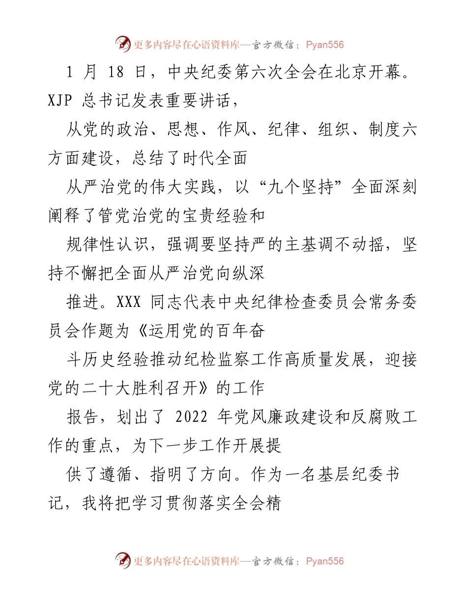 [工作总结] 中央纪委第六次全会 - 深化全面从严治党，推动纪检监察高质量发展.docx_第1页