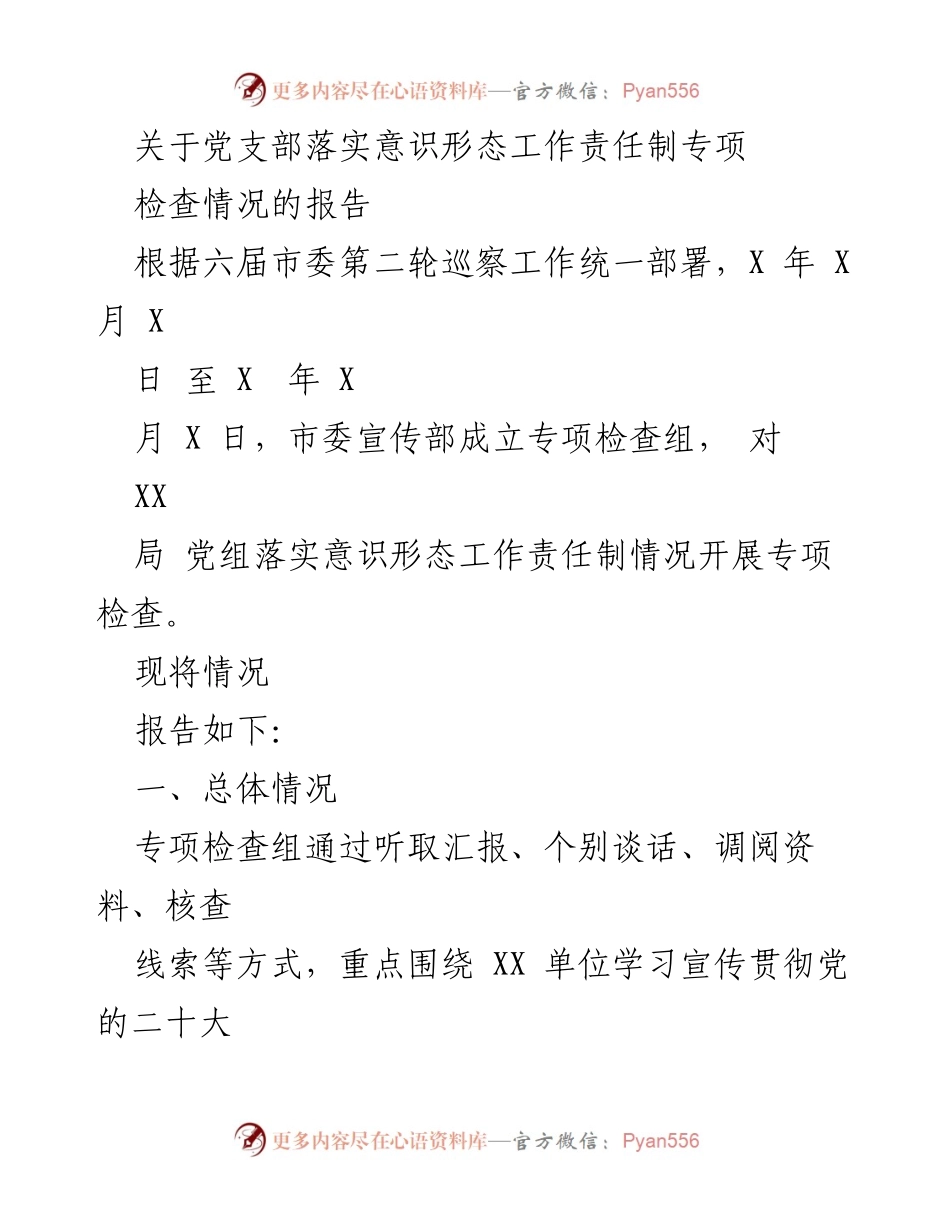 [工作总结] 专项检查 - 党支部意识形态工作责任制落实情况总结报告.docx_第1页