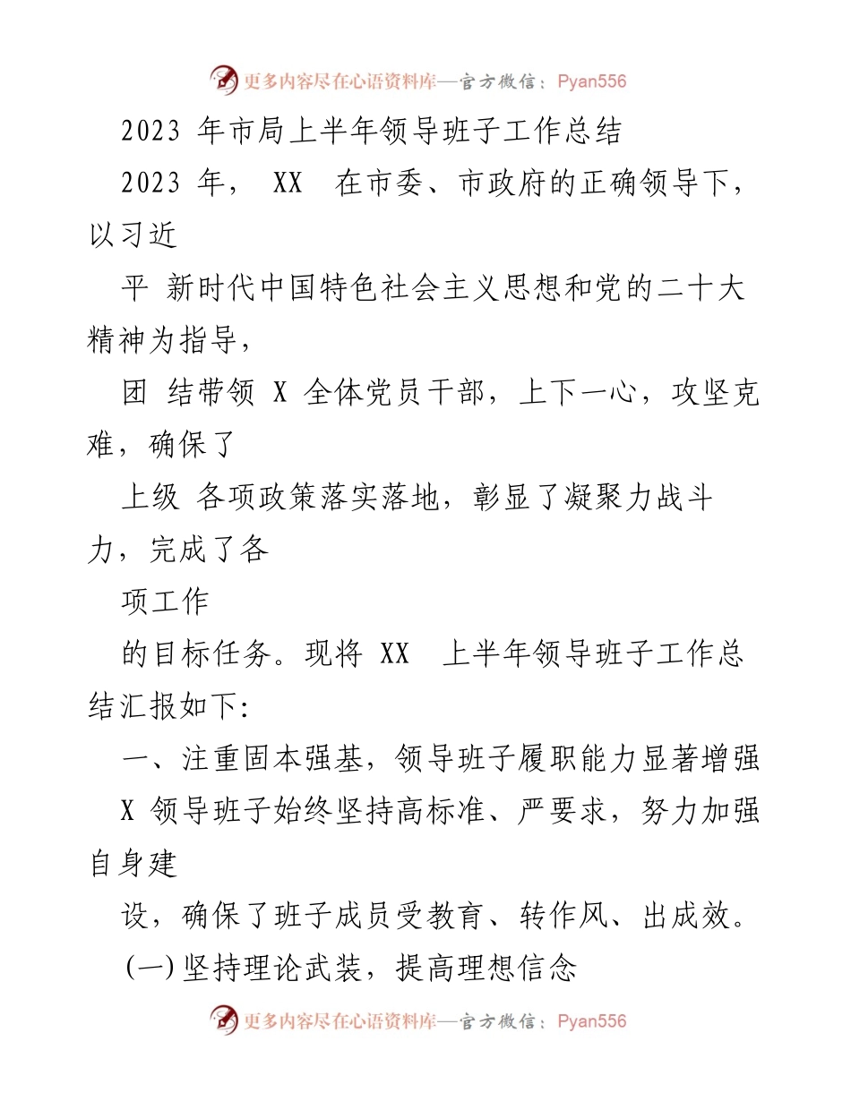 [工作总结] 上半年工作总结 - 2023年市局领导班子上半年工作总结.docx_第1页