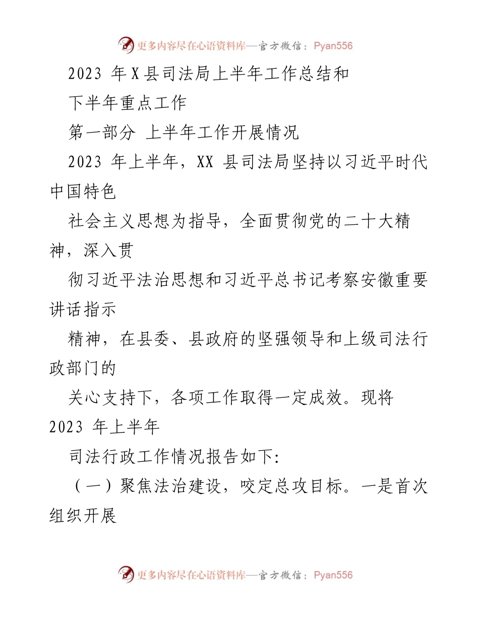 [工作总结] 上半年 - 2023年X县司法局上半年工作总结及下半年工作重点.docx_第1页