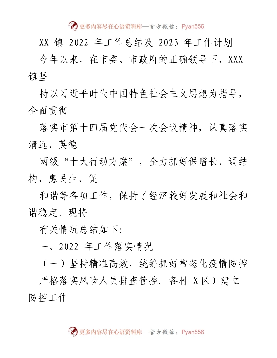 [工作总结] XX 镇 - 2022 年工作总结及 2023 年工作计划_1.docx_第1页