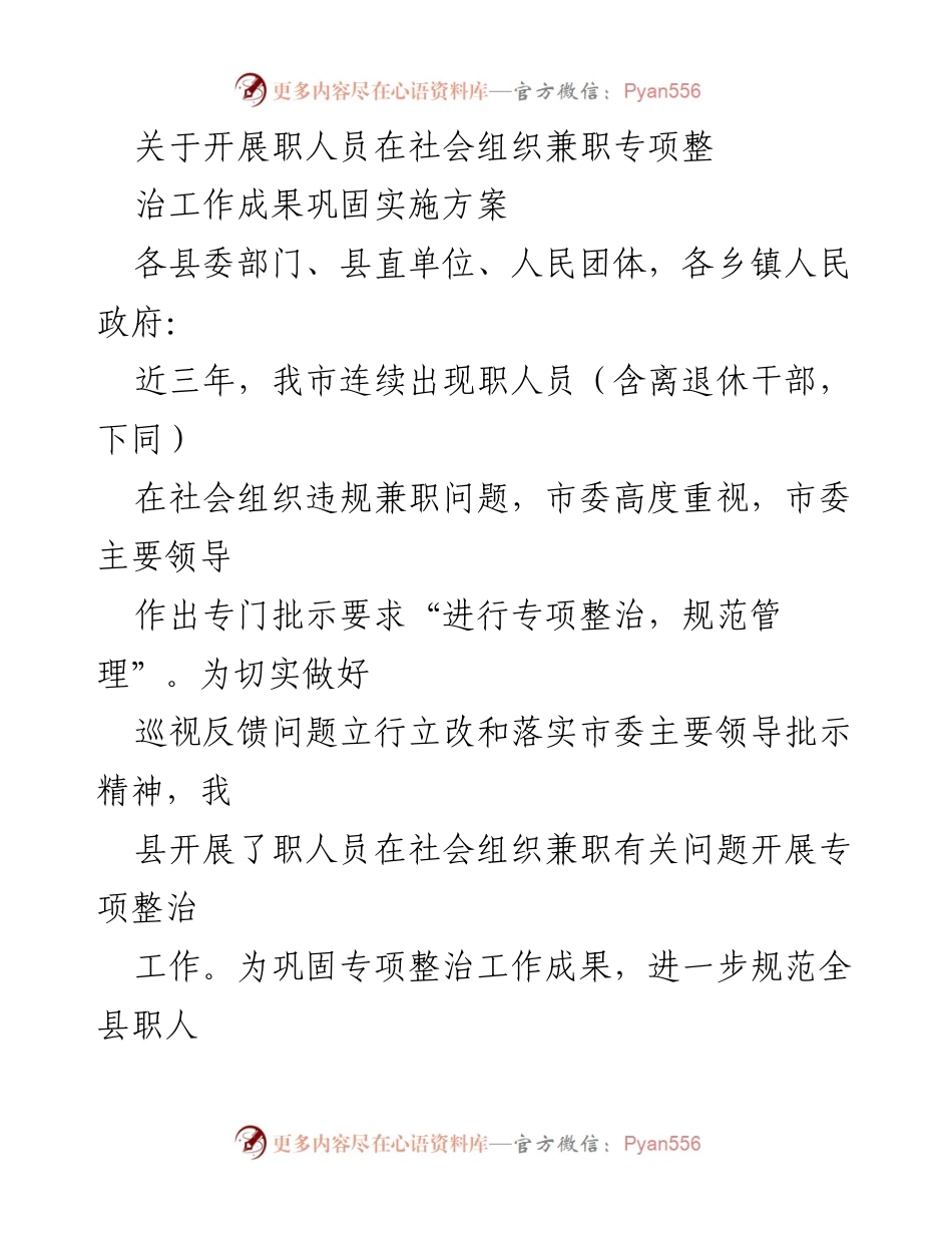 [工作总结] 专项整治 - 职人员在社会组织兼职专项整治工作实施方案.docx_第1页