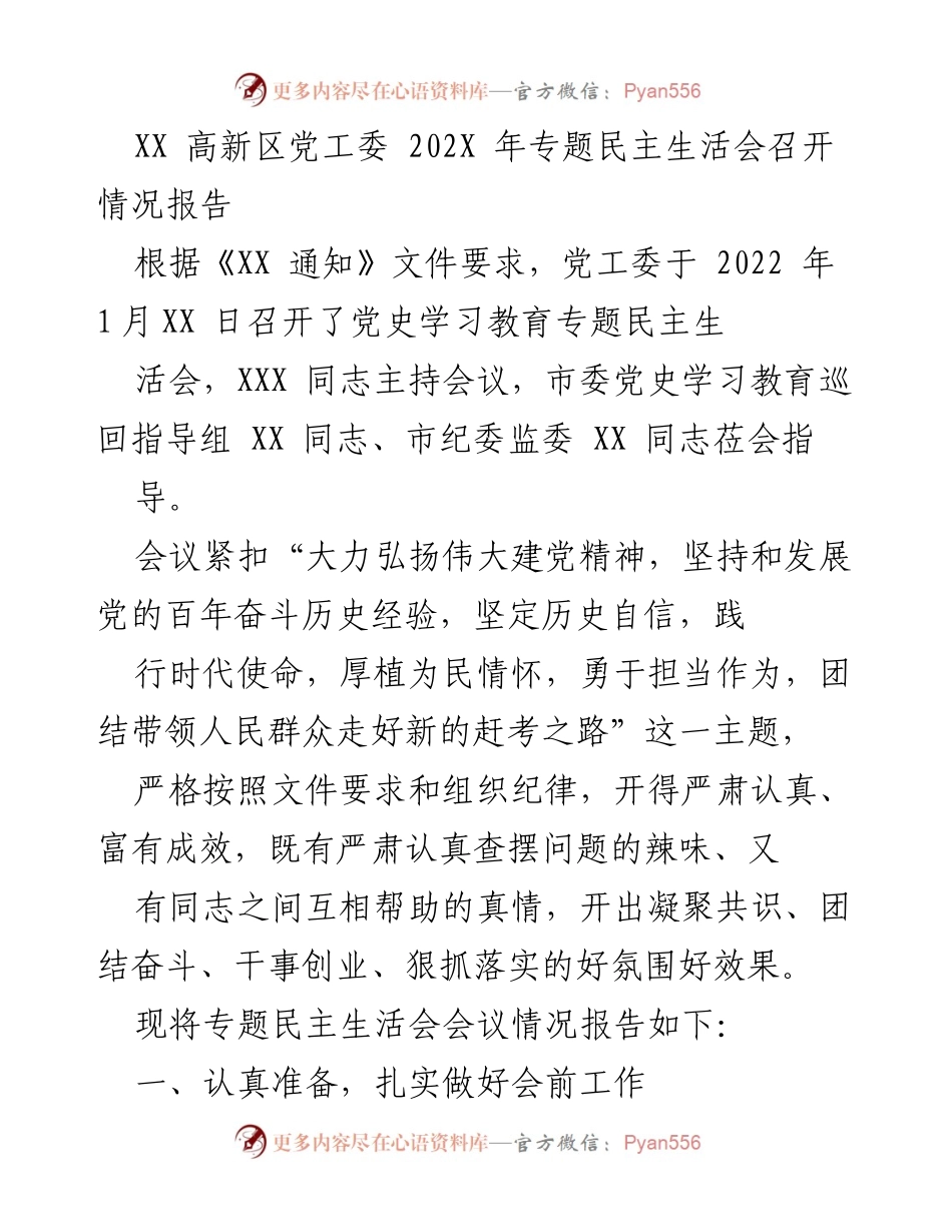 [工作总结] 专题民主生活会 - XX 高新区党工委 202X 年专题民主生活会召开情况总结报告.docx_第1页