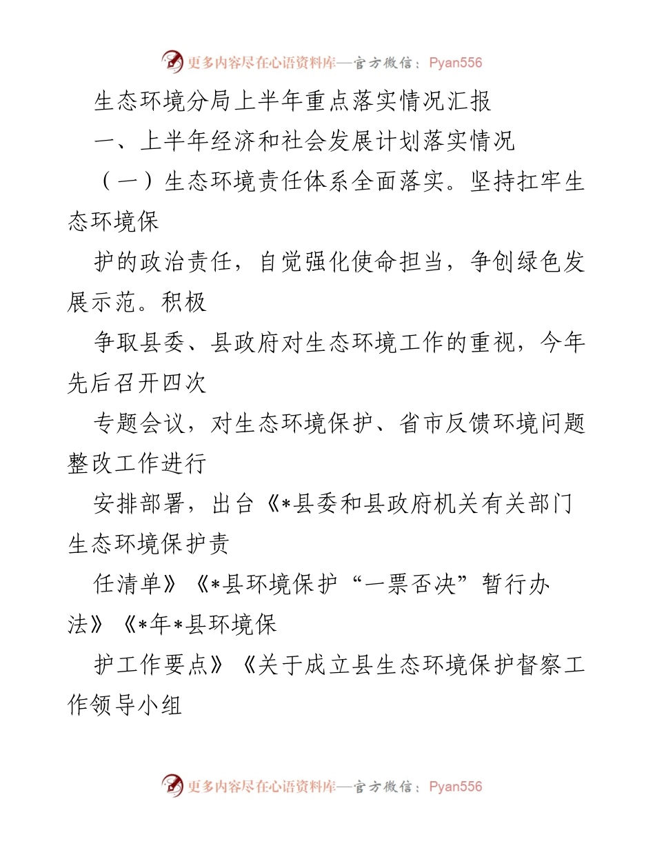 [工作总结] 上半年生态环境保护工作 - 生态环境分局上半年重点落实情况汇报.docx_第1页