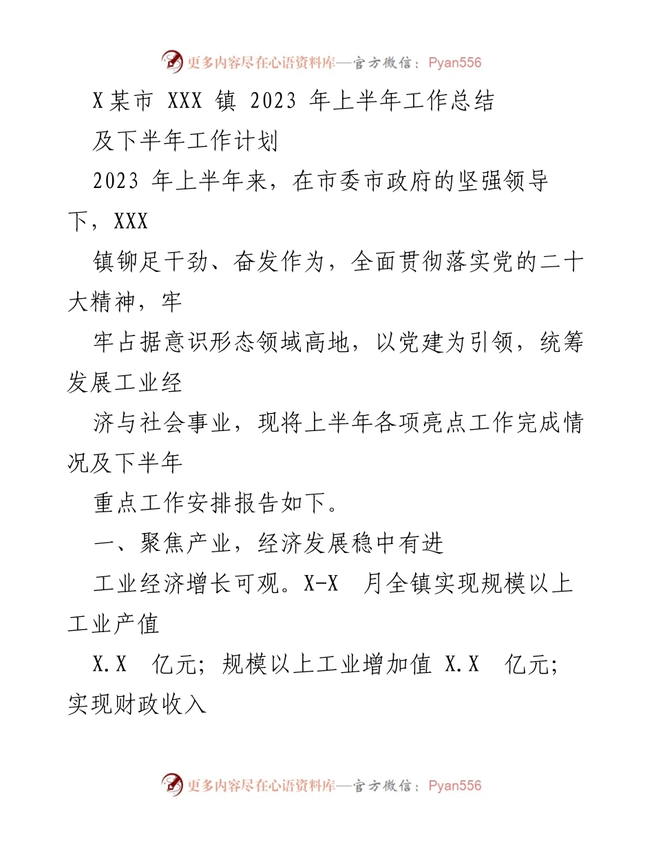 [工作总结] XXX镇 - 2023年上半年工作总结及下半年工作计划.docx_第1页