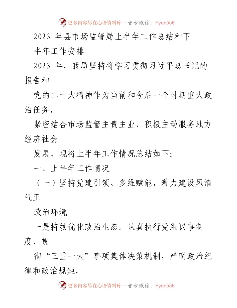 [工作总结] 上半年工作总结 - 2023年县市场监管局上半年工作总结与下半年工作安排.docx_第1页