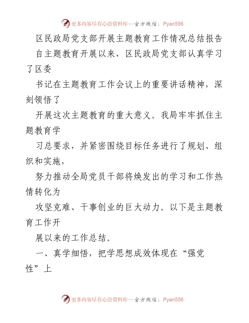 [工作总结] 主题教育 - 区民政局党支部主题教育工作情况总结报告.docx_第1页
