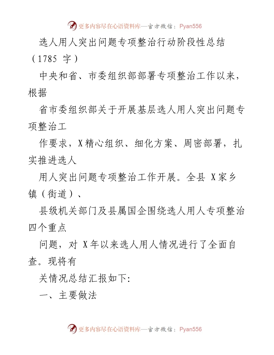 [工作总结] 专项整治行动 - 选人用人突出问题专项整治行动阶段性总结.docx_第1页