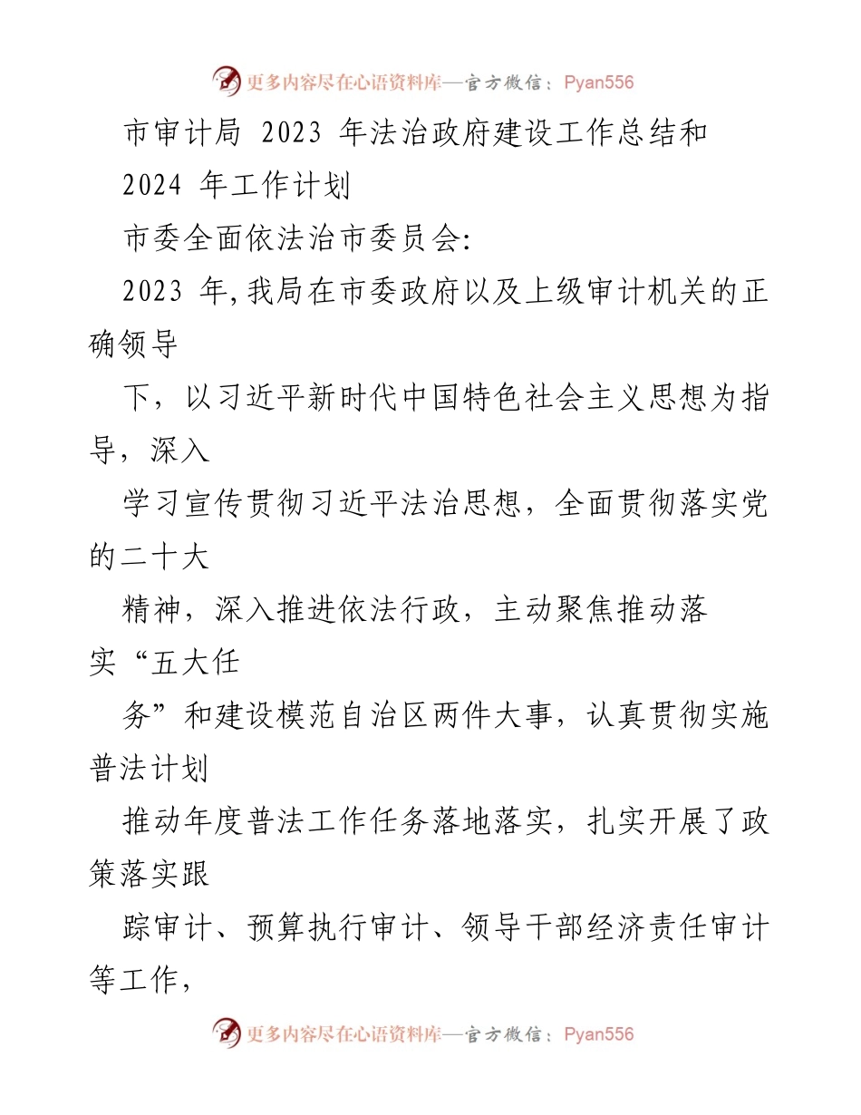 [工作总结] 2023年法治政府建设 - 市审计局2023年法治建设工作总结及2024年工作计划.docx_第1页