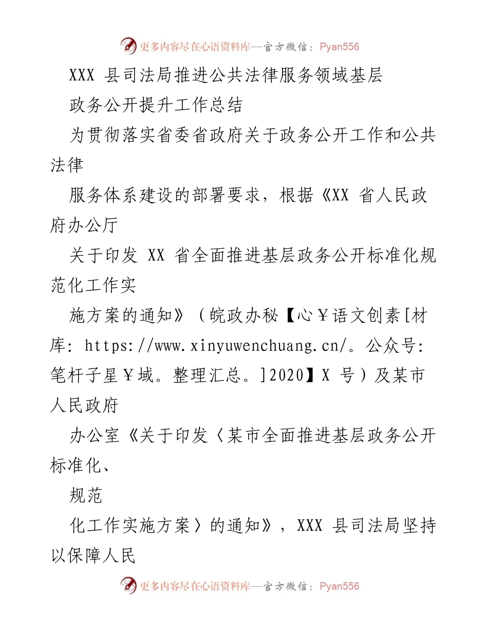 [工作总结] XXX 县司法局 - 提升公共法律服务领域政务公开工作的实践与成效.docx_第1页