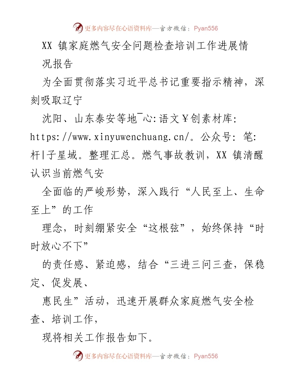 [工作总结] XX镇燃气安全检查培训 - XX镇家庭燃气安全检查培训工作进展情况报告.docx_第1页