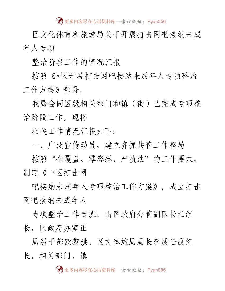 [工作总结] 专项整治 - 区文化体育和旅游局打击网吧接纳未成年人专项整治工作情况汇报.docx_第1页
