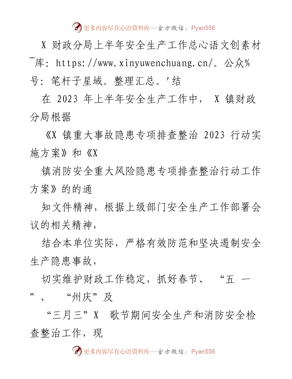 [工作总结] 上半年安全生产工作 - X 镇财政分局2023年上半年安全生产工作总结.docx_第1页