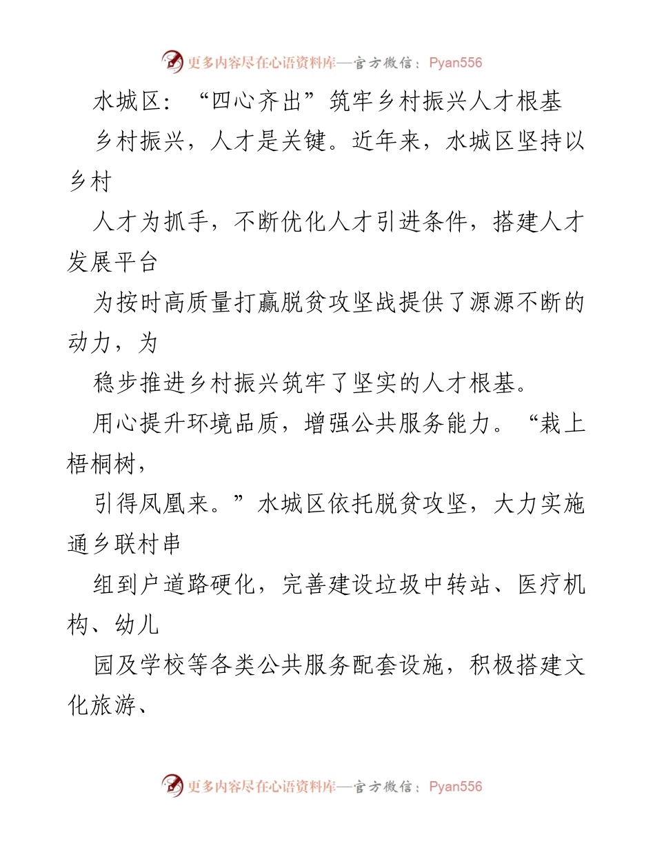 [工作总结] 乡村振兴 - 水城区人才发展策略与成效总结.docx_第1页