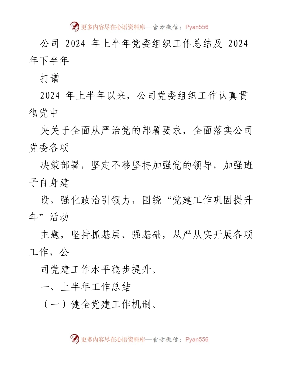 [工作总结] 2024 年上半年党委组织工作 - 2024 年上半年党委组织工作总结与下半年计划.docx_第1页