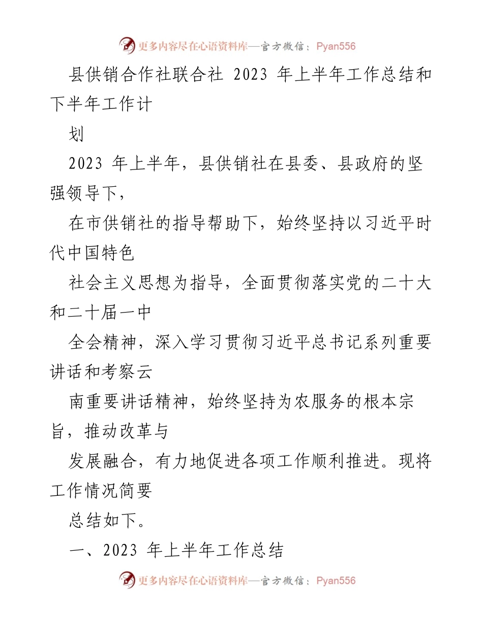 [工作总结] 上半年工作汇报 - 县供销合作社2023年上半年工作总结与下半年计划.docx_第1页