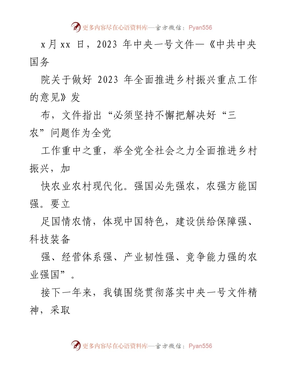 [工作总结] 乡村振兴 - 贯彻落实2023年中央一号文件精神的工作总结.docx_第1页