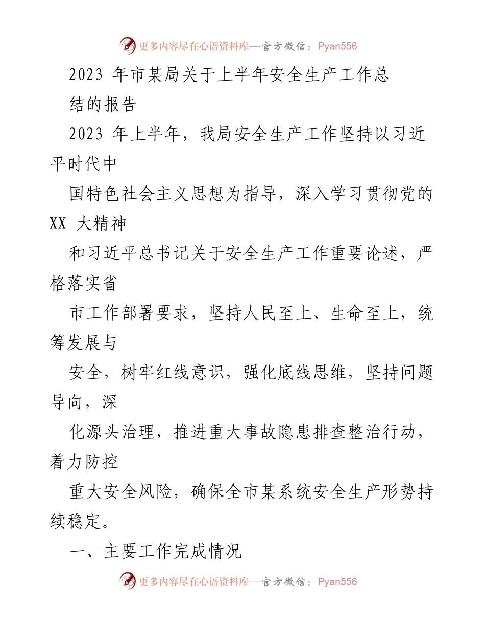 [工作总结] 上半年安全生产工作 - 2023年某局上半年安全生产工作总结报告.docx_第1页
