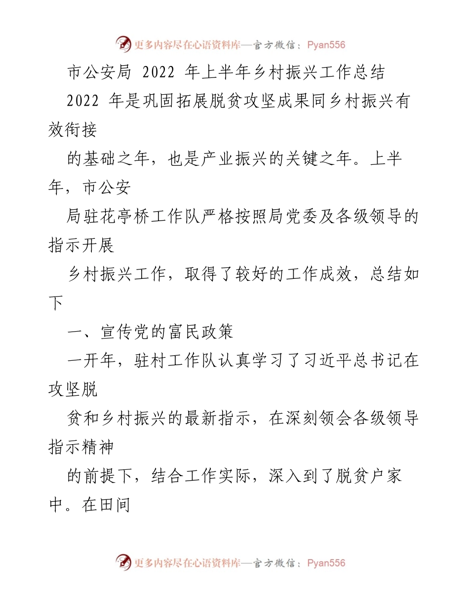 [工作总结] 乡村振兴 - 市公安局2022年上半年乡村振兴工作总结.docx_第1页