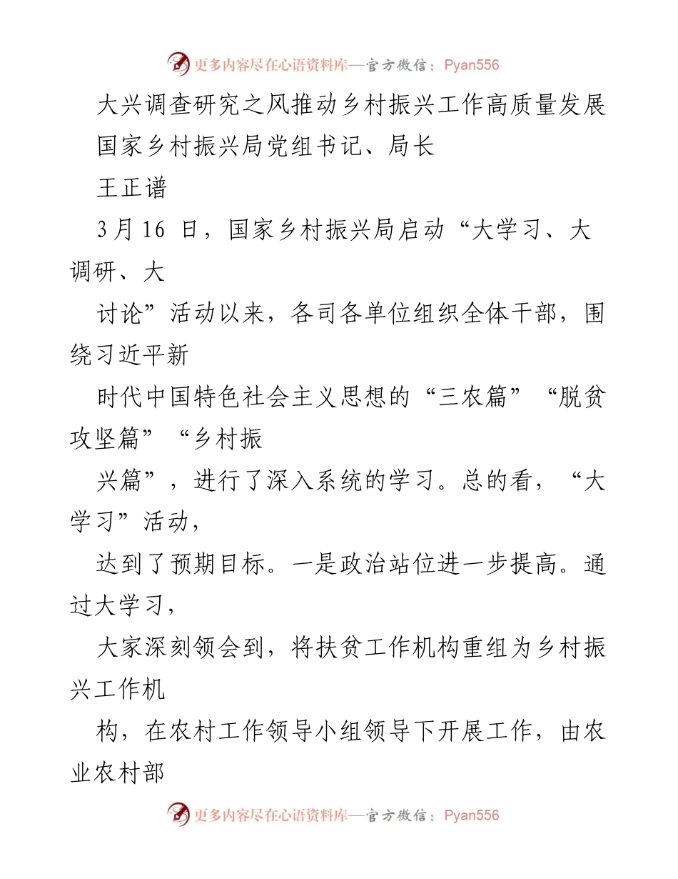 [工作总结] 乡村振兴工作 - 大兴调查研究推动乡村振兴高质量发展.docx_第1页