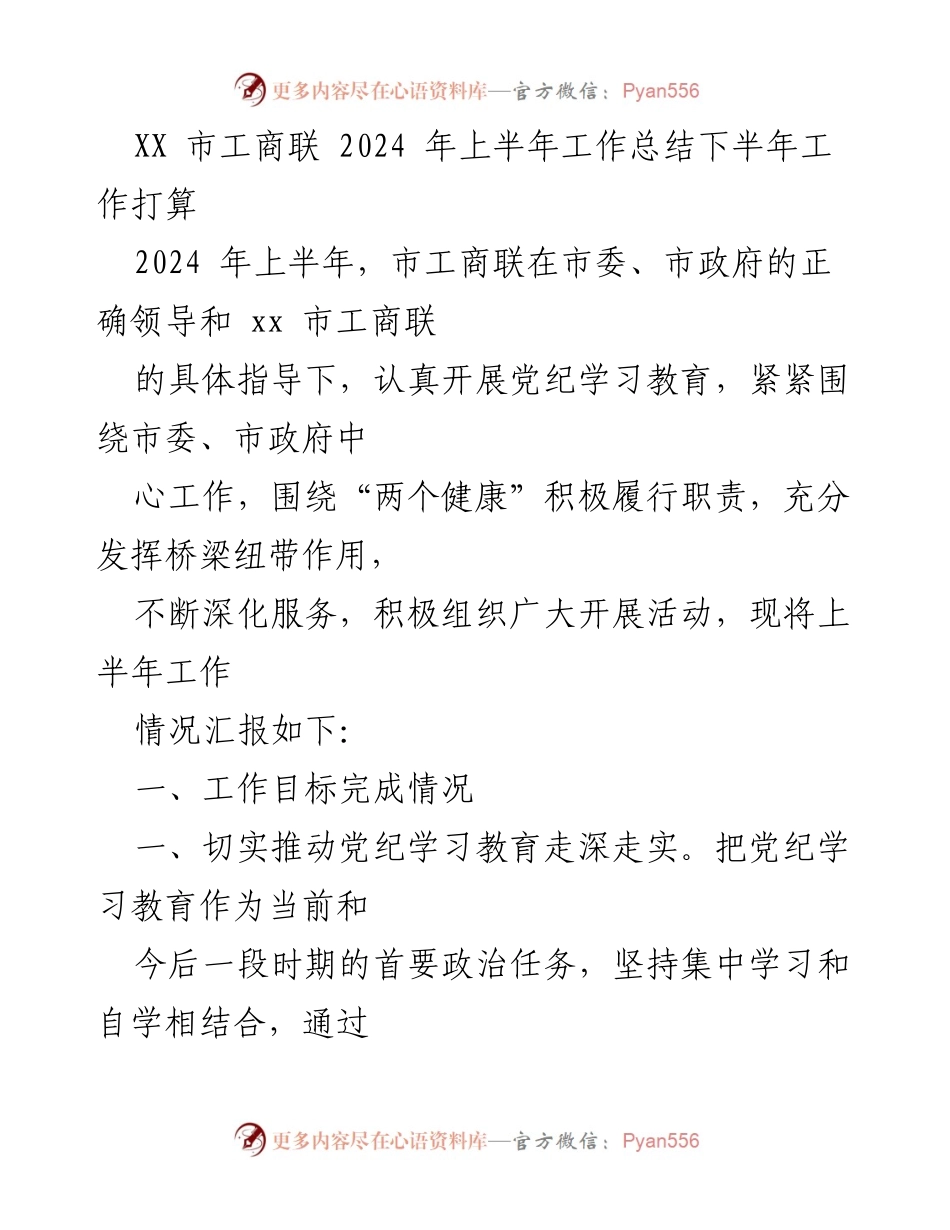 [工作总结] XX市工商联 - 2024年上半年工作总结与下半年工作计划.docx_第1页