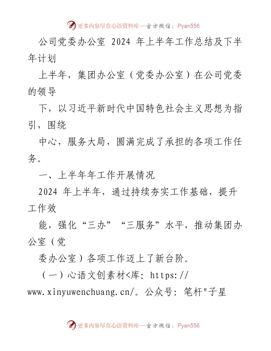 [工作总结] 2024年上半年 - 公司党委办公室工作总结及下半年计划.docx_第1页