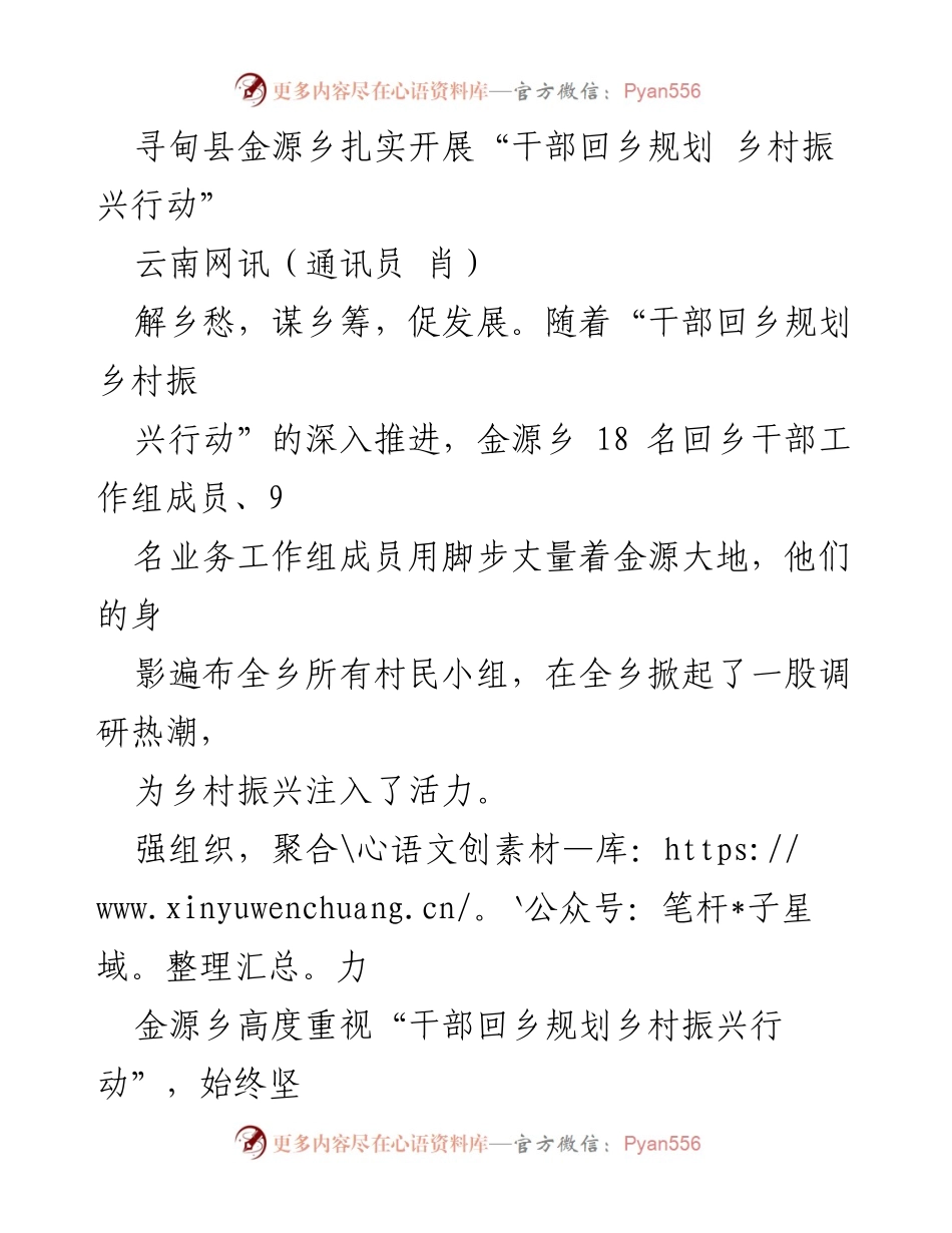 [工作总结] 乡村振兴行动 - 金源乡“干部回乡规划”行动成效与推进措施.docx_第1页