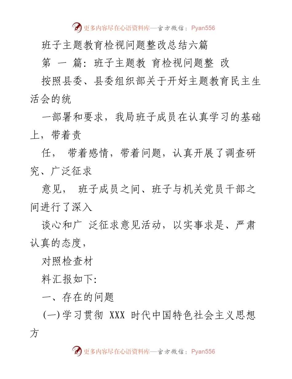 [工作总结] 主题教育整改 - 班子主题教育问题整改总结分析.docx_第1页