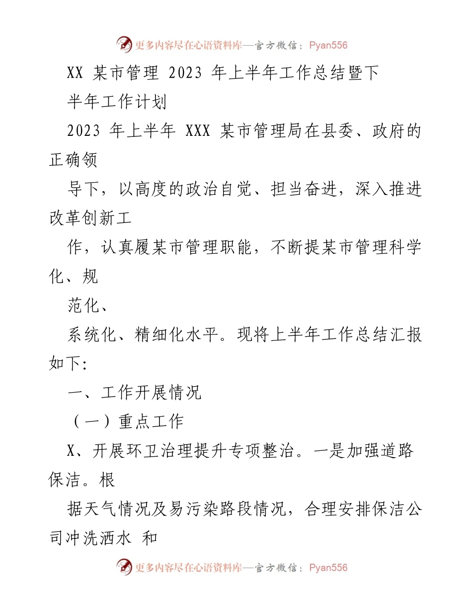 [工作总结] 上半年工作总结 - 2023年某市管理局上半年工作总结与下半年工作计划.docx_第1页