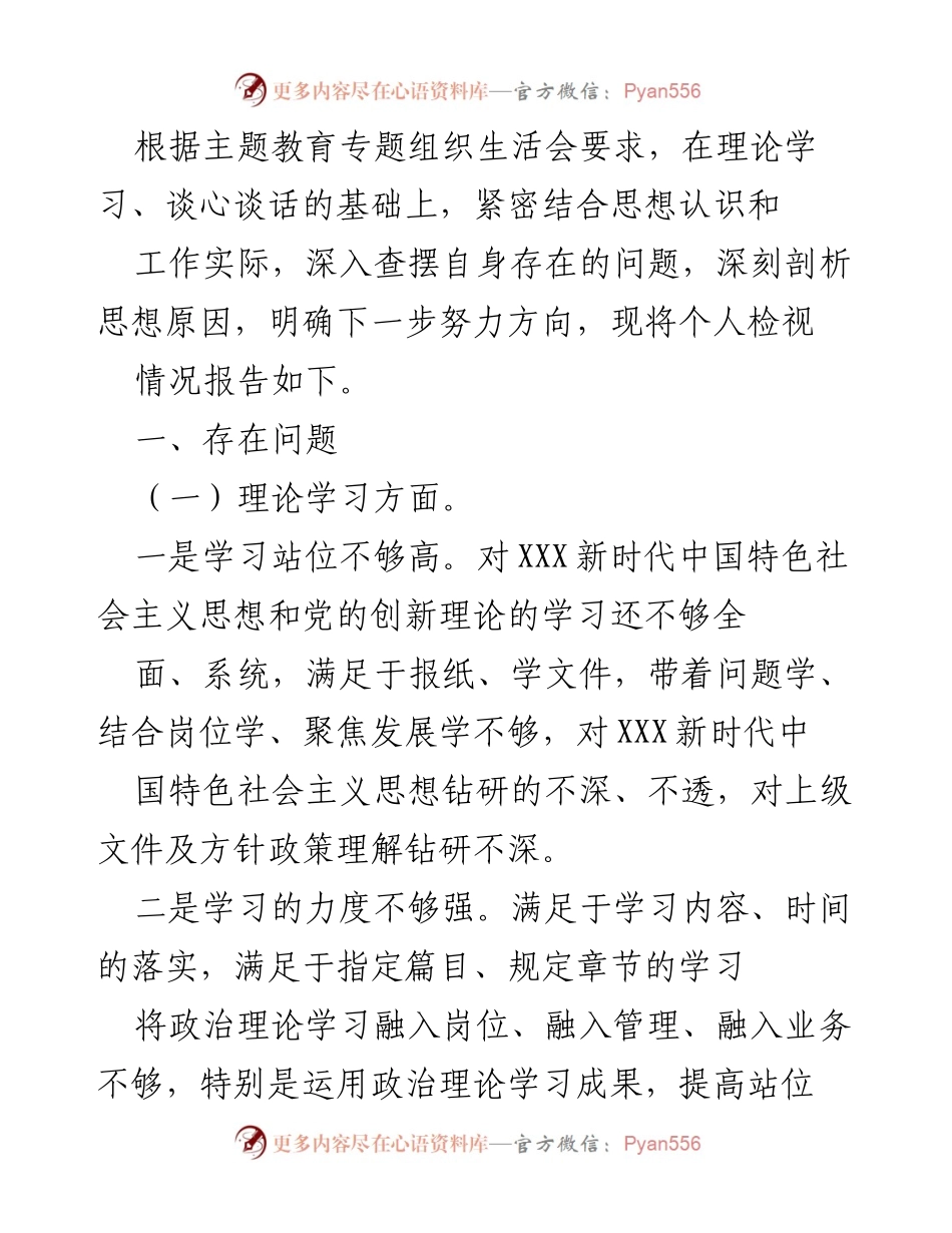 [工作总结] 主题教育专题组织生活会 - 个人检视情况报告与问题剖析.docx_第1页