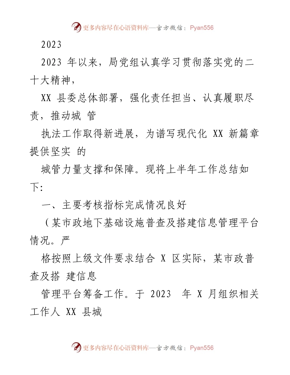 [工作总结] 上半年工作汇报 - 2023年上半年城管执法工作总结与进展报告.docx_第1页